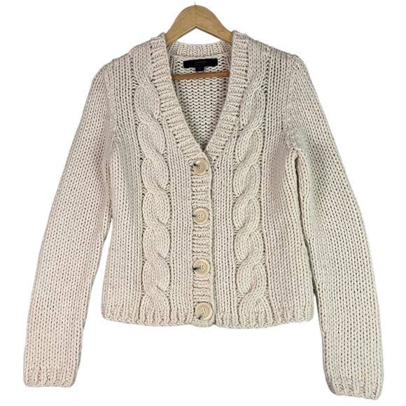 Handknit Merino Wool Cardigan Sweater Womens Medium Ivory Cable Knit Fisherman - Picture 1 of 10